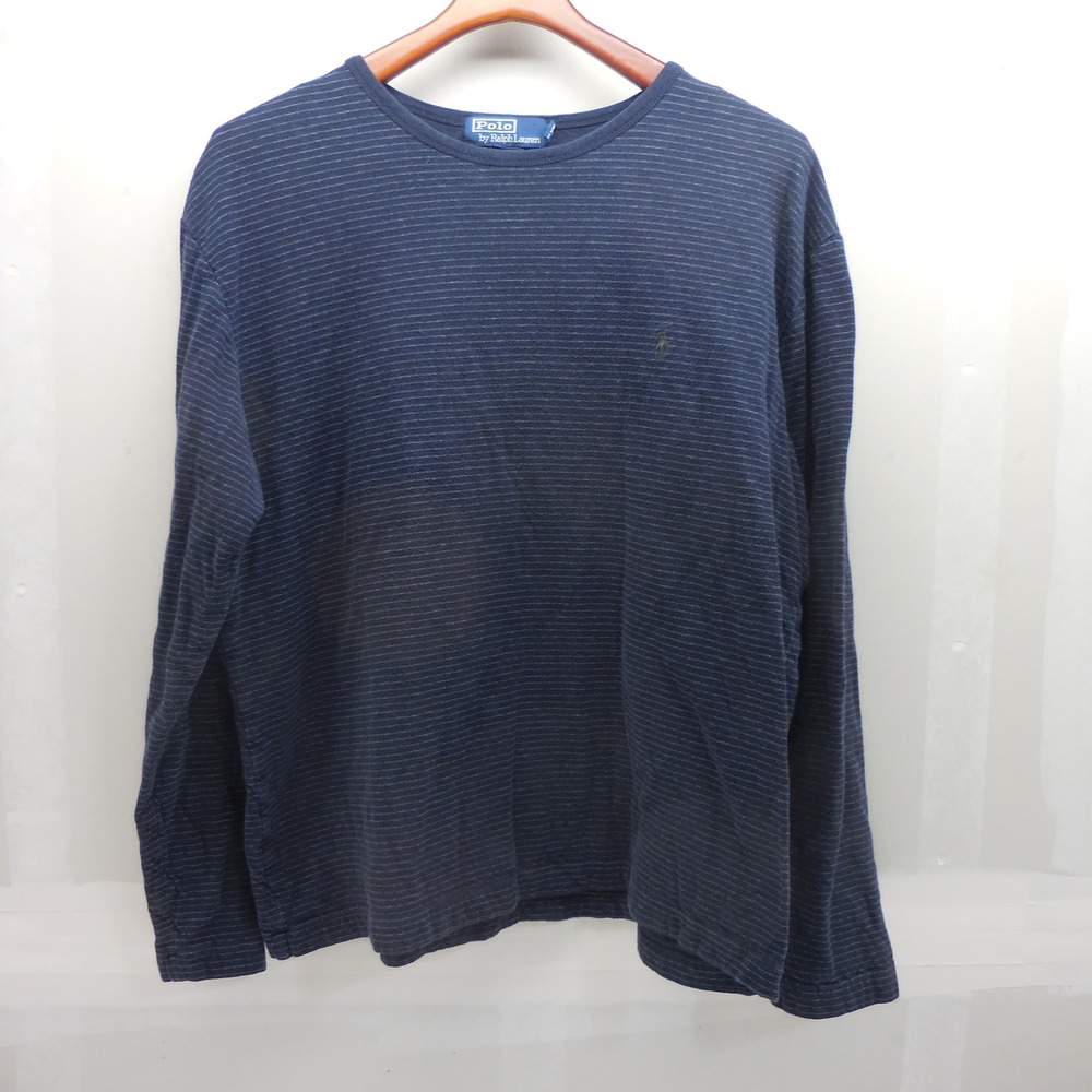Polo Ralph Lauren Mens XL Navy Blue Grey Striped Long Sleeve T-Shirt Cotton